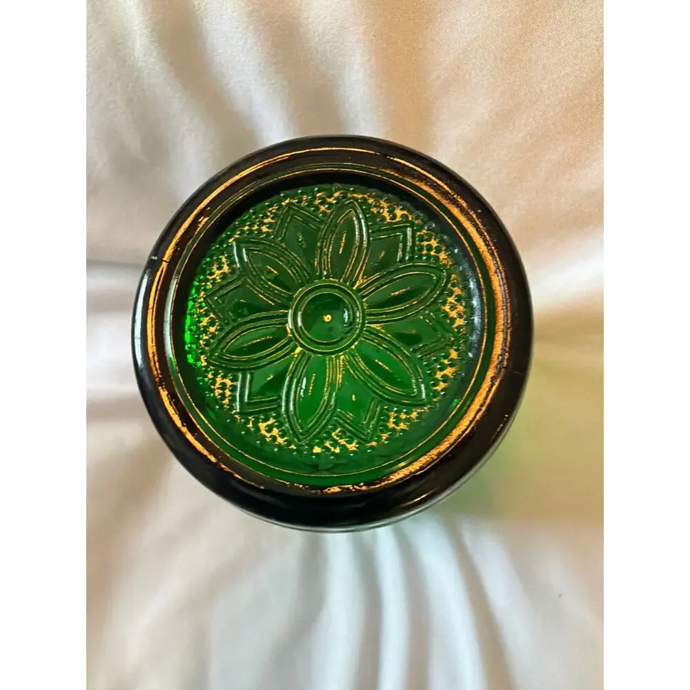 Vintage Emerald Green Pressed Glass Tumbler Floral Scroll Pattern Drinking Glass
